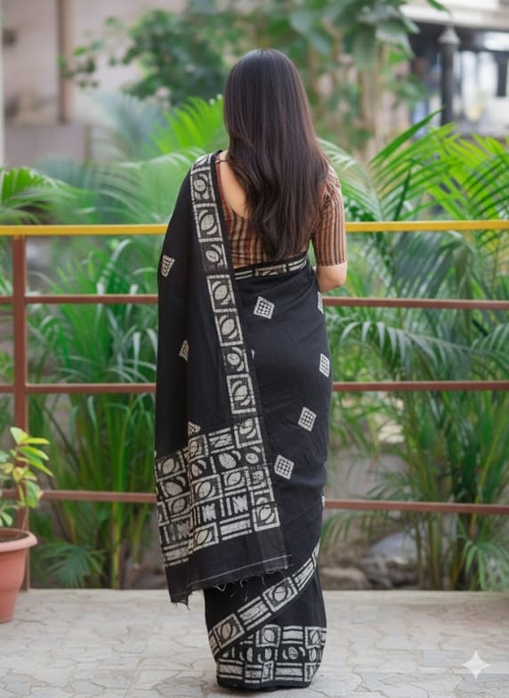 Black Batik Print Saree with Striped Blouse