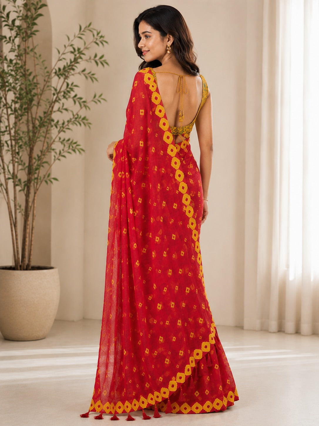 Red and Yellow Patterned Saree