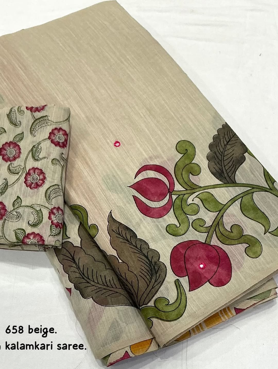 Beige Kalamkari Saree with Floral Hand-Paint Detail