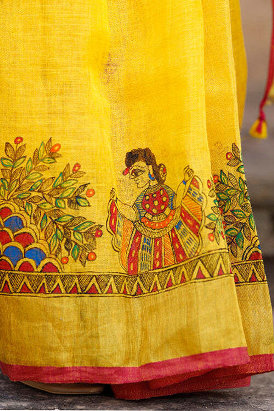Yellow Linen Saree with Traditional Folk Art Print