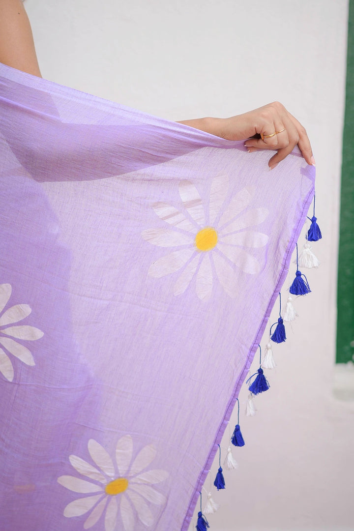 Lavender Floral Print Linen Cotton Saree
