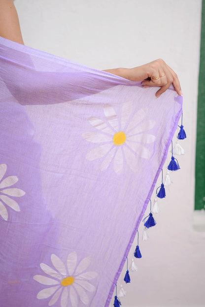 Lavender Floral Print Linen Cotton Saree