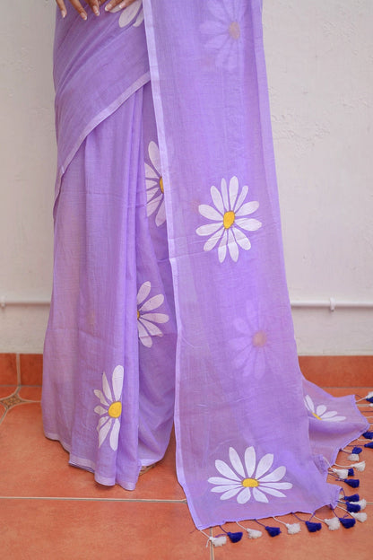 Lavender Floral Print Linen Cotton Saree