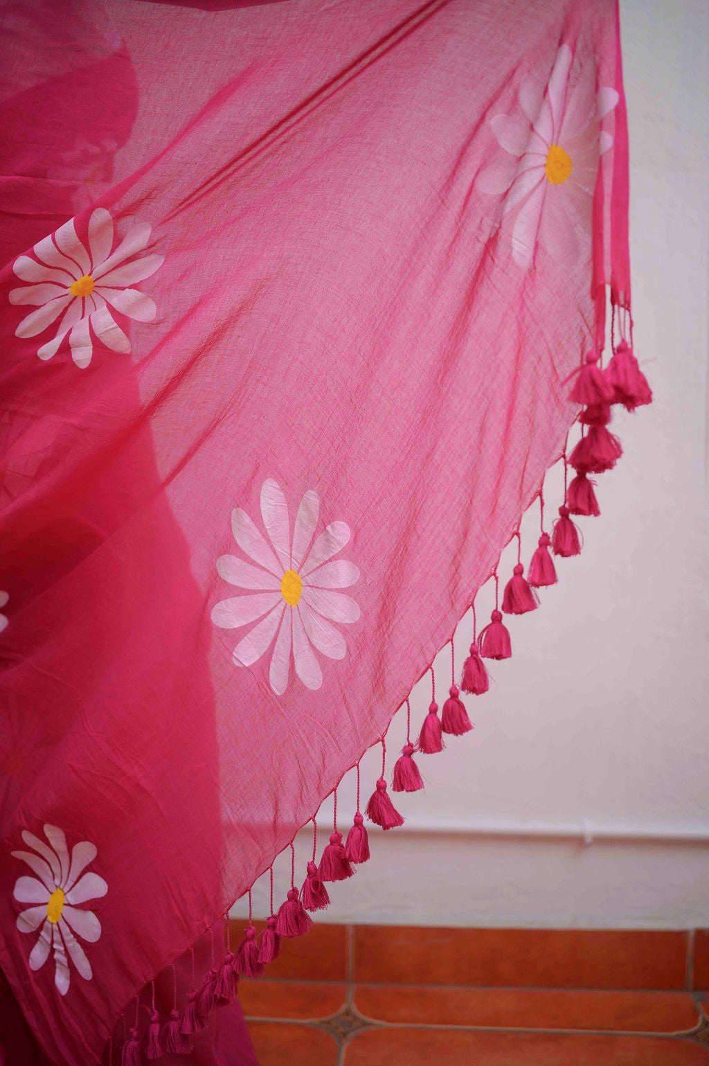 Hot Pink Floral Print Linen Cotton Saree