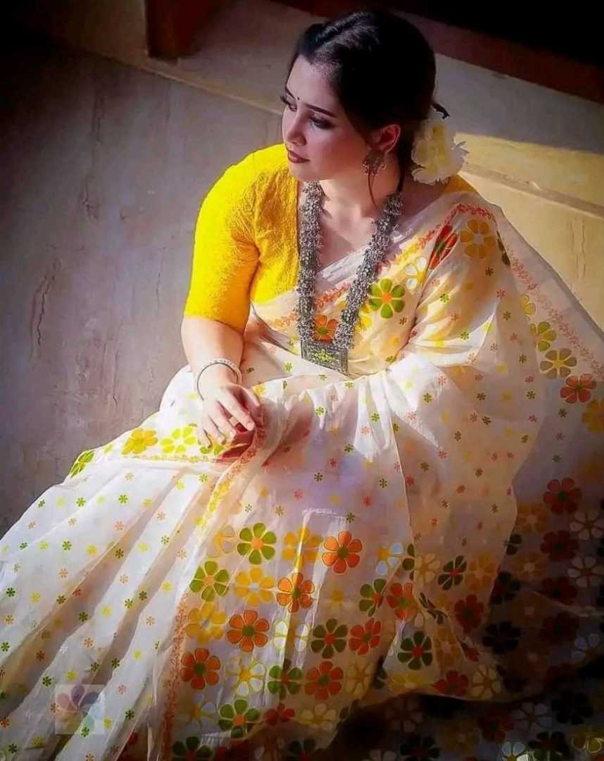 Sunshine Yellow Floral Linen Cotton Saree