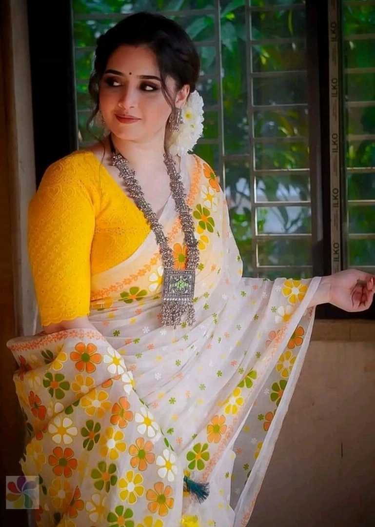 Sunshine Yellow Floral Linen Cotton Saree