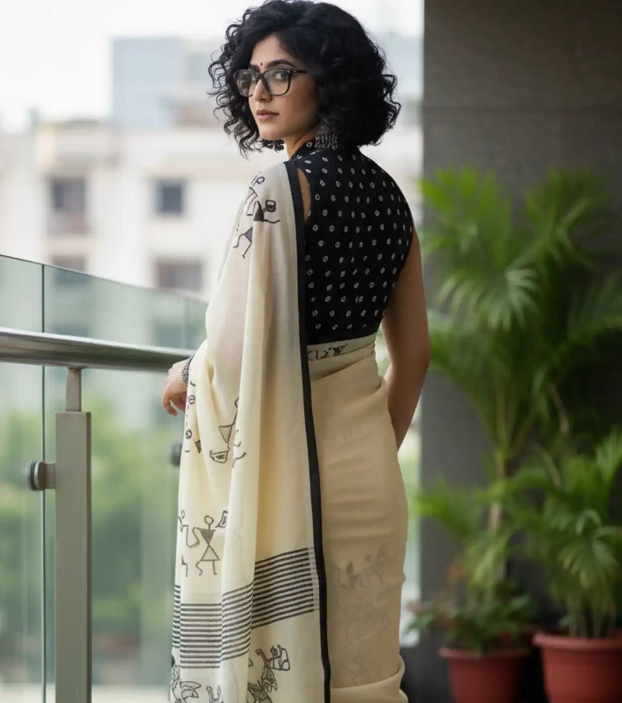 Cream White Linen Cotton Saree with Tribal Art Print