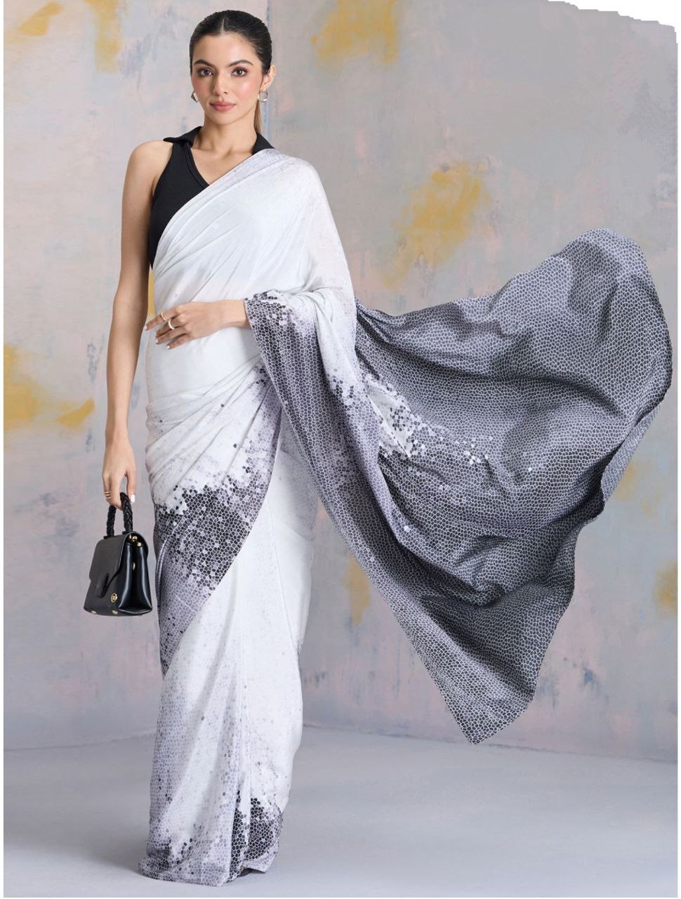 White Black Abstract Digital Print Satin Saree – Elegant Designer Party Wear Saree for Women