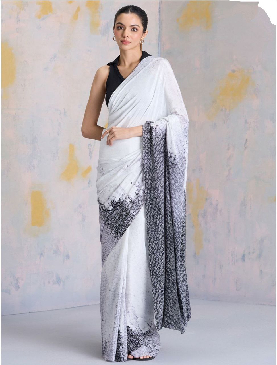 White Black Abstract Digital Print Satin Saree – Elegant Designer Party Wear Saree for Women