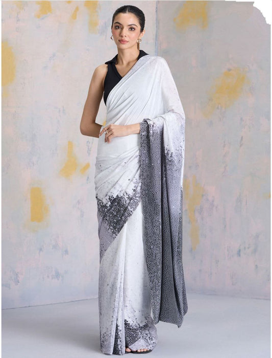 White Black Abstract Digital Print Satin Saree – Elegant Designer Party Wear Saree for Women