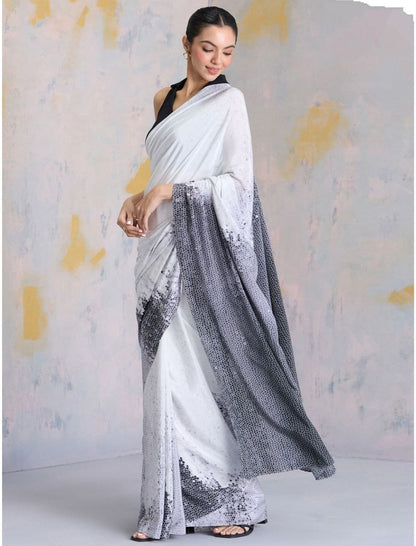 White Black Abstract Digital Print Satin Saree – Elegant Designer Party Wear Saree for Women