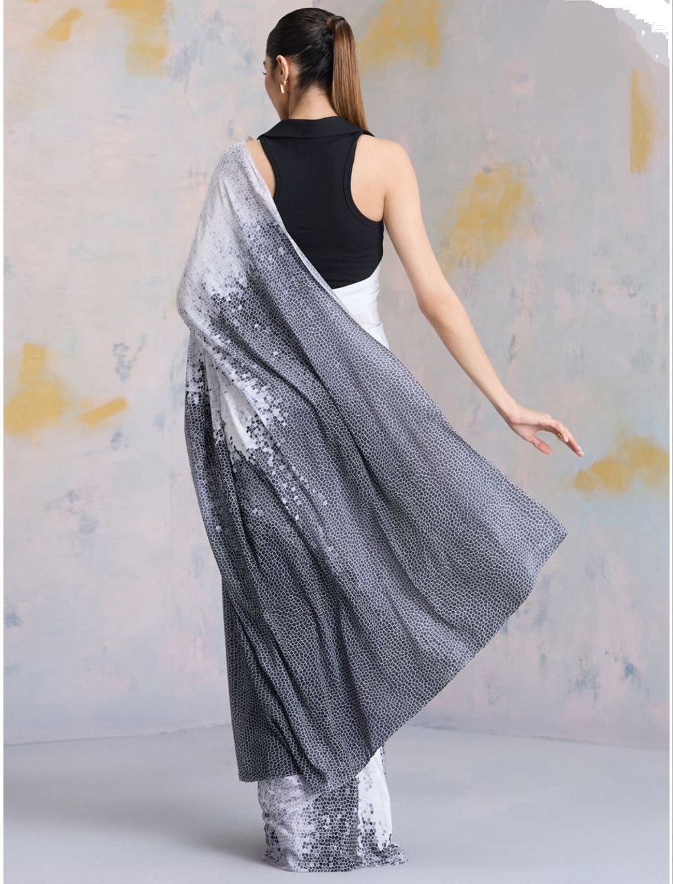 White Black Abstract Digital Print Satin Saree – Elegant Designer Party Wear Saree for Women