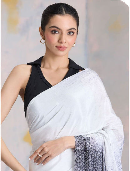 White Black Abstract Digital Print Satin Saree – Elegant Designer Party Wear Saree for Women