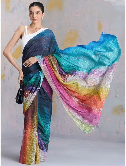 Multicolor Gradient Digital Printed Satin Saree – Luxury Designer Party Wear Satin Saree for Women