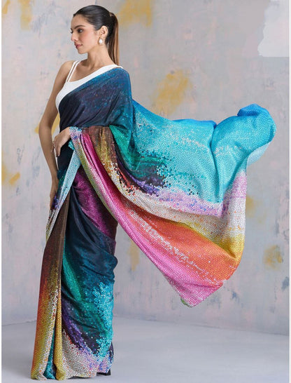 Multicolor Gradient Digital Printed Satin Saree – Luxury Designer Party Wear Satin Saree for Women