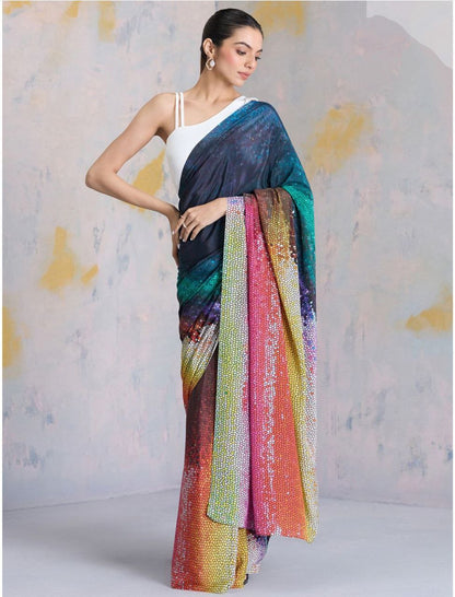 Multicolor Gradient Digital Printed Satin Saree – Luxury Designer Party Wear Satin Saree for Women