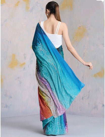 Multicolor Gradient Digital Printed Satin Saree – Luxury Designer Party Wear Satin Saree for Women