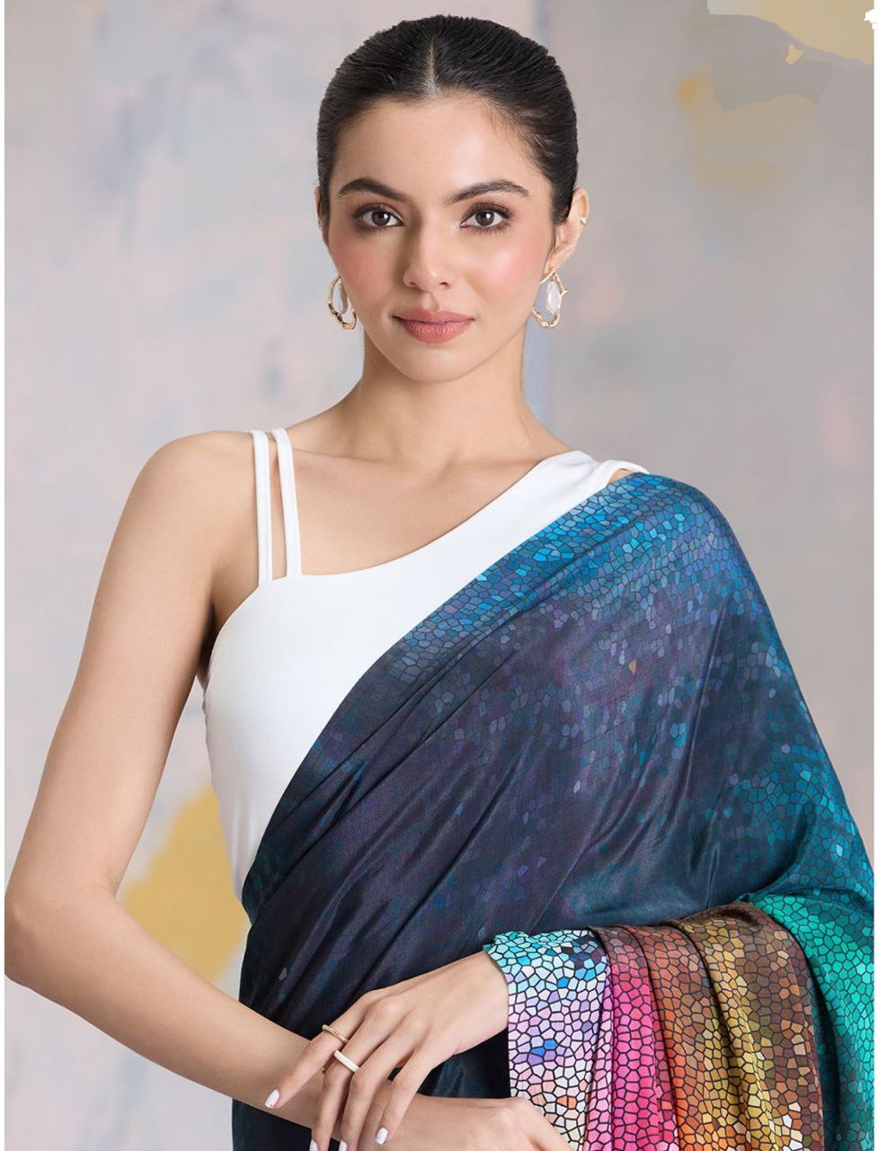 Multicolor Gradient Digital Printed Satin Saree – Luxury Designer Party Wear Satin Saree for Women