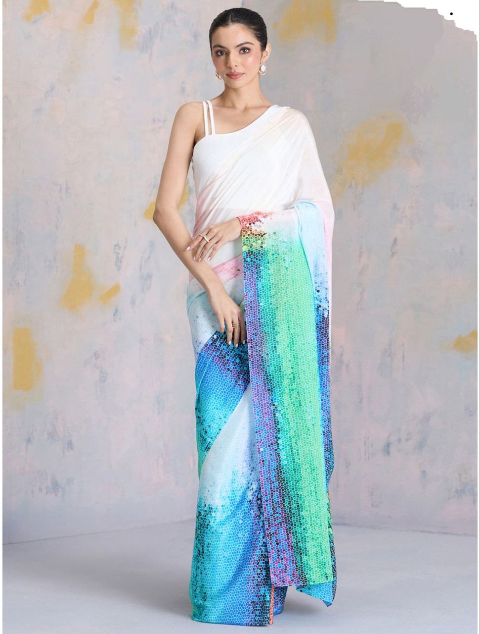 Ivory Multicolor Gradient Printed Satin Saree – Elegant Party & Contemporary Designer Saree for Women