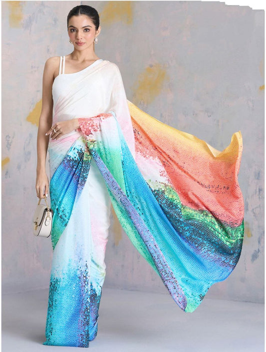 Ivory Multicolor Gradient Printed Satin Saree – Elegant Party & Contemporary Designer Saree for Women