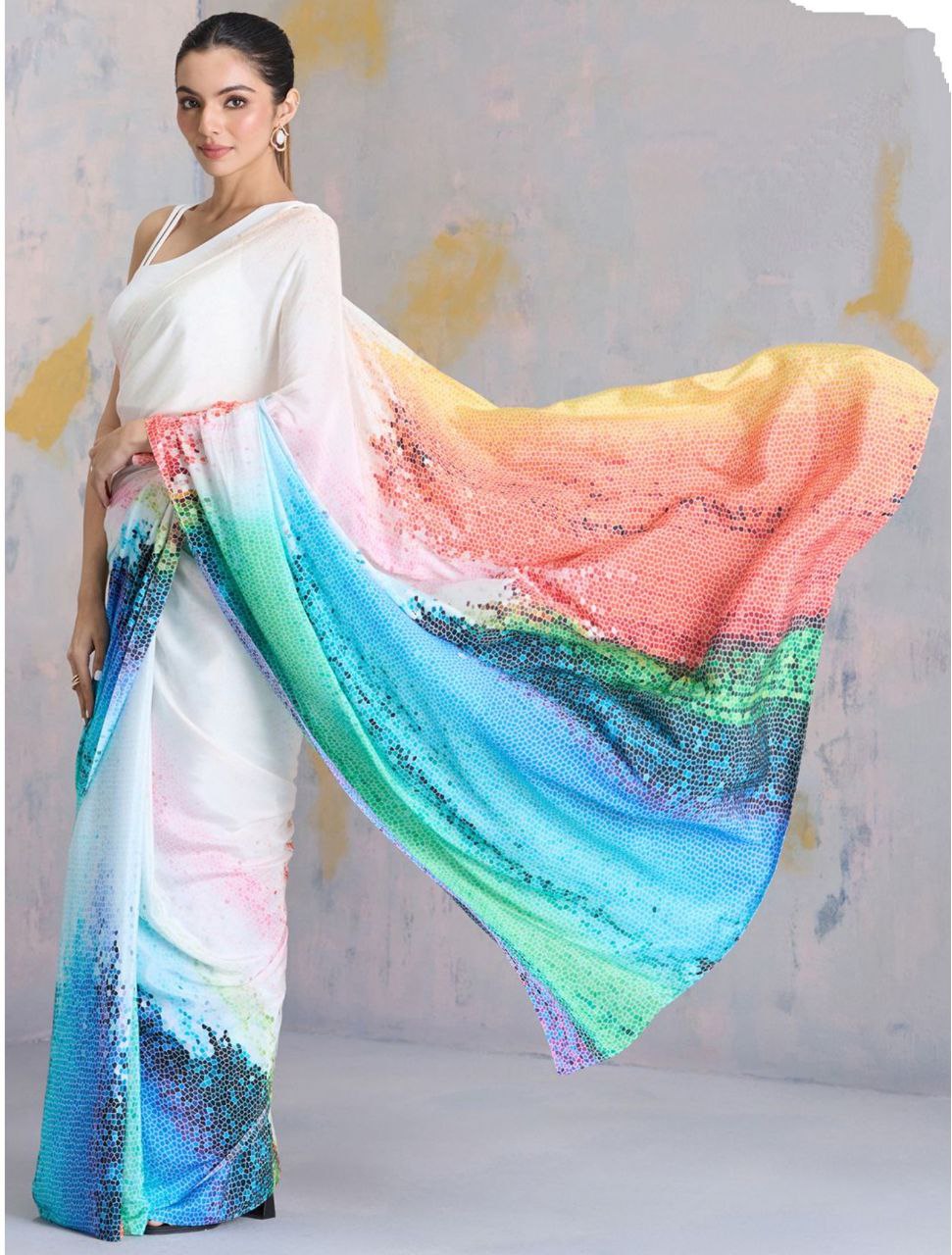Ivory Multicolor Gradient Printed Satin Saree – Elegant Party & Contemporary Designer Saree for Women