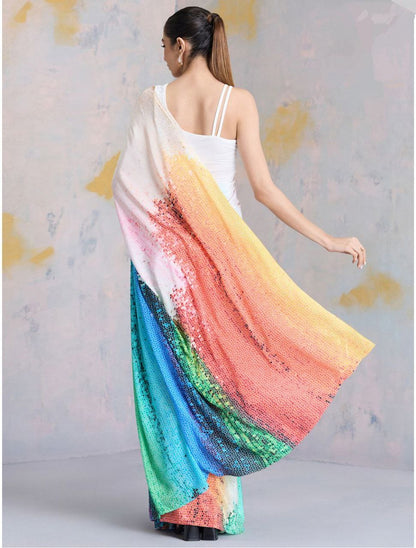 Ivory Multicolor Gradient Printed Satin Saree – Elegant Party & Contemporary Designer Saree for Women
