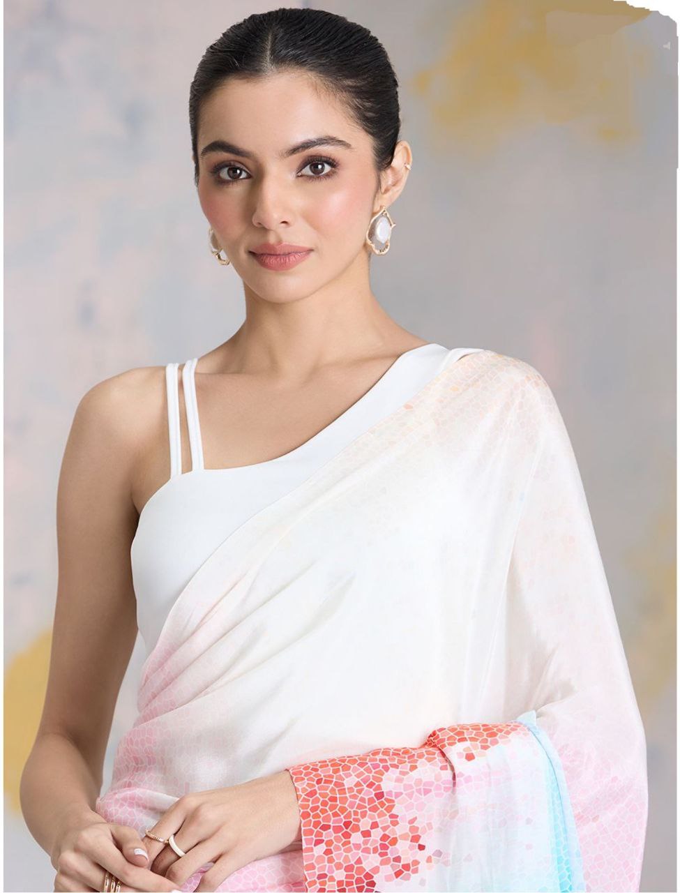 Ivory Multicolor Gradient Printed Satin Saree – Elegant Party & Contemporary Designer Saree for Women