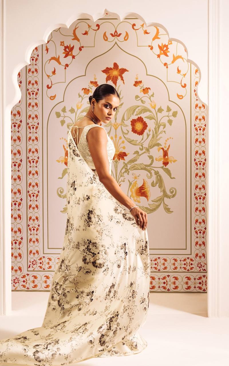 Vintage Ivory Rose Printed Satin Saree – Elegant Designer Wedding & Festive Wear Saree for Women