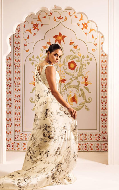 Vintage Ivory Rose Printed Satin Saree – Elegant Designer Wedding & Festive Wear Saree for Women