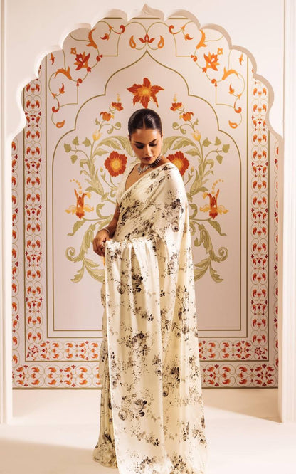 Vintage Ivory Rose Printed Satin Saree – Elegant Designer Wedding & Festive Wear Saree for Women