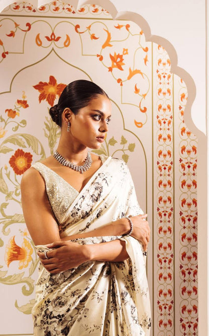 Vintage Ivory Rose Printed Satin Saree – Elegant Designer Wedding & Festive Wear Saree for Women