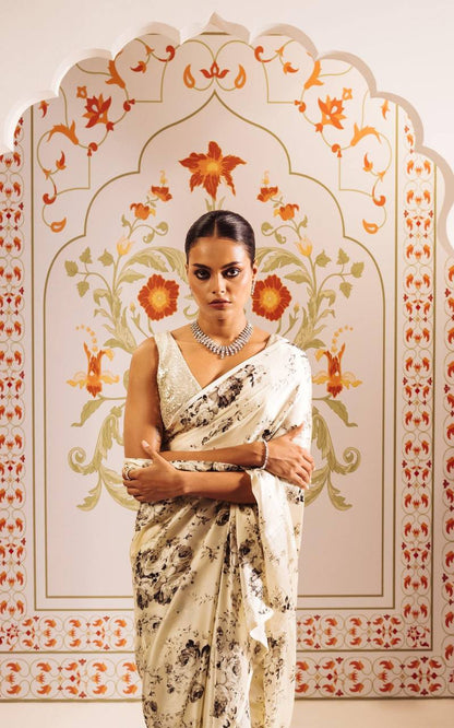 Vintage Ivory Rose Printed Satin Saree – Elegant Designer Wedding & Festive Wear Saree for Women