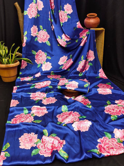 Royal Bloom Blue Satin Floral Printed Saree – Elegant Designer Party & Festive Wear Saree for Women