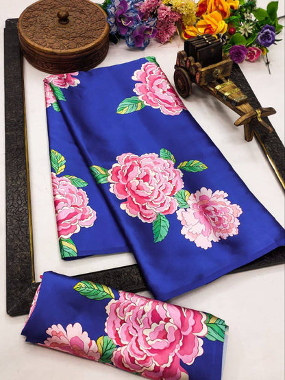 Royal Bloom Blue Satin Floral Printed Saree – Elegant Designer Party & Festive Wear Saree for Women