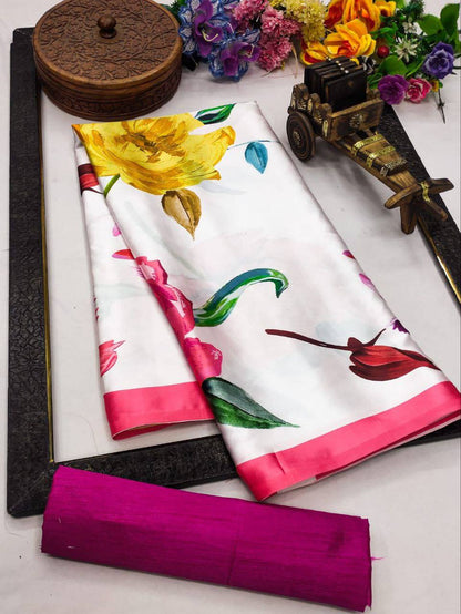 Beige Multicolor Floral Printed Saree with Red Blouse  Premium Designer Party Wear Saree for Women