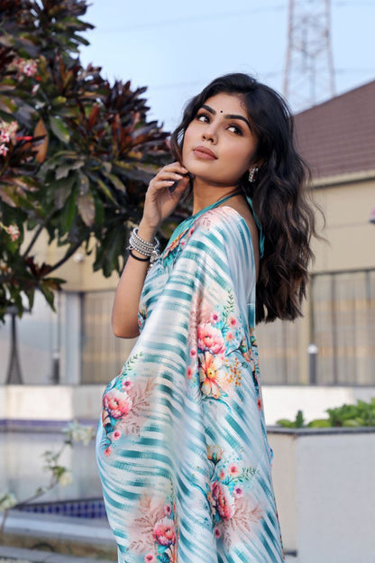 Pastel Blue Floral Printed Saree  Soft Elegant Designer Saree for Party, Festive & Casual Wear