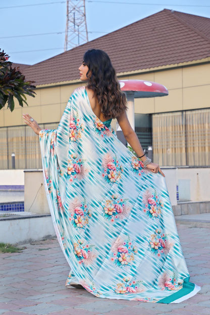 Pastel Blue Floral Printed Saree  Soft Elegant Designer Saree for Party, Festive & Casual Wear