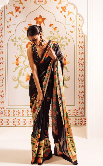Royal Noir Black Satin Heritage Printed Saree – Luxury Designer Festive & Wedding Wear Saree for Women