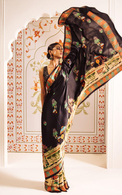Royal Noir Black Satin Heritage Printed Saree – Luxury Designer Festive & Wedding Wear Saree for Women
