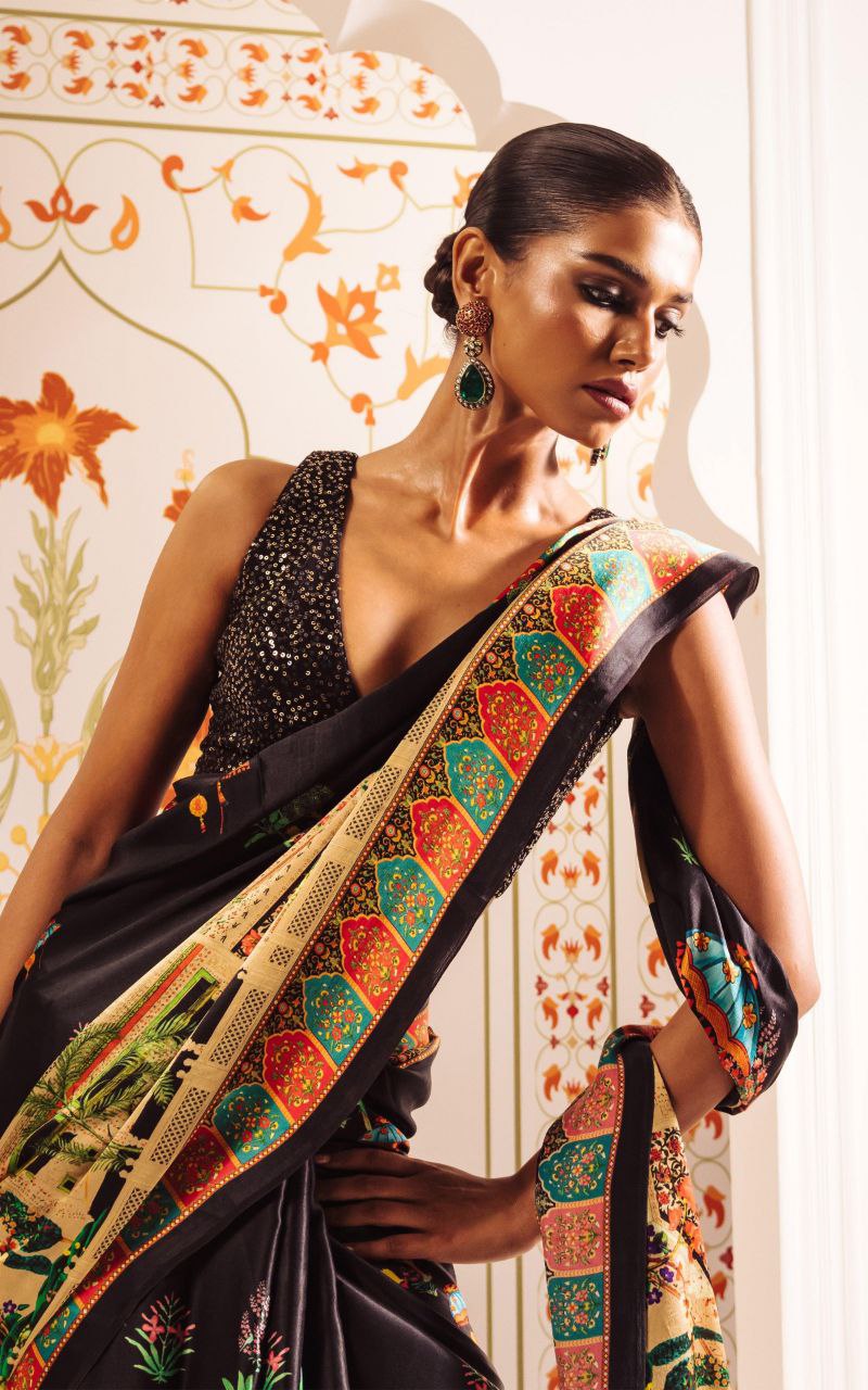 Royal Noir Black Satin Heritage Printed Saree – Luxury Designer Festive & Wedding Wear Saree for Women
