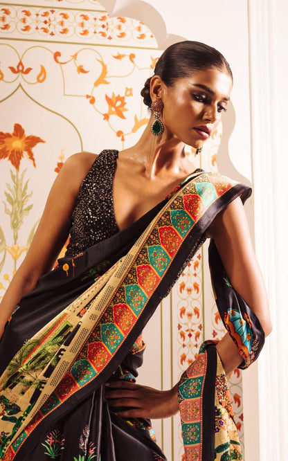 Royal Noir Black Satin Heritage Printed Saree – Luxury Designer Festive & Wedding Wear Saree for Women