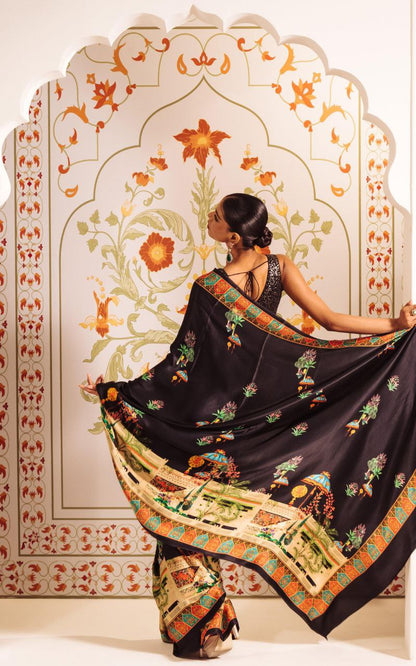 Royal Noir Black Satin Heritage Printed Saree – Luxury Designer Festive & Wedding Wear Saree for Women