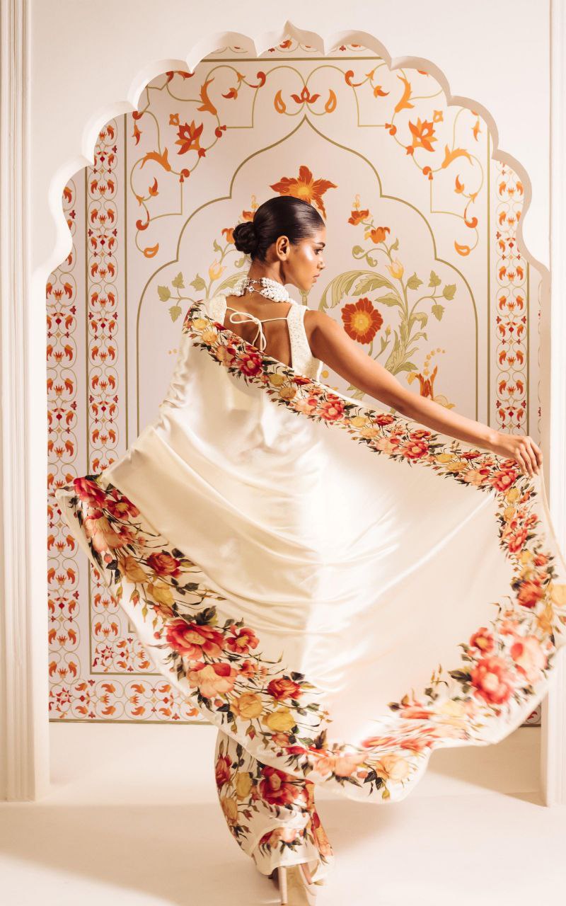 Ivory Bloom Floral Printed Satin Saree – Elegant Designer Wedding & Festive Wear Saree for Women