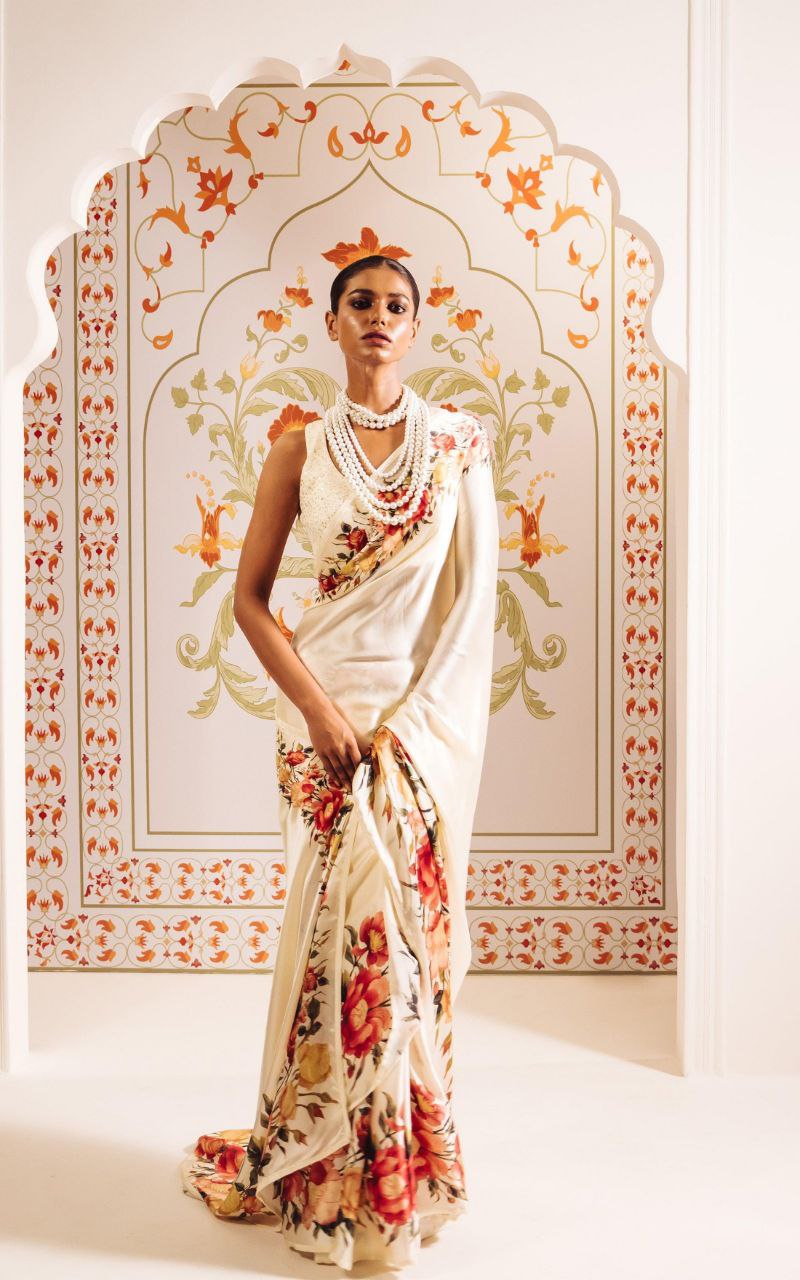 Ivory Bloom Floral Printed Satin Saree – Elegant Designer Wedding & Festive Wear Saree for Women