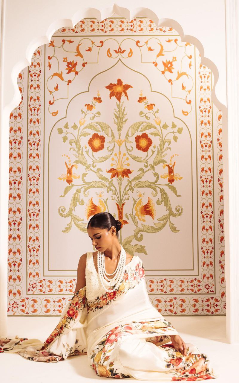 Ivory Bloom Floral Printed Satin Saree – Elegant Designer Wedding & Festive Wear Saree for Women
