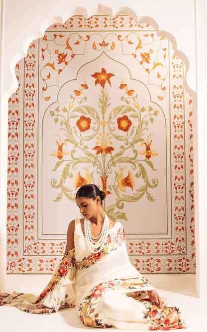 Ivory Bloom Floral Printed Satin Saree – Elegant Designer Wedding & Festive Wear Saree for Women