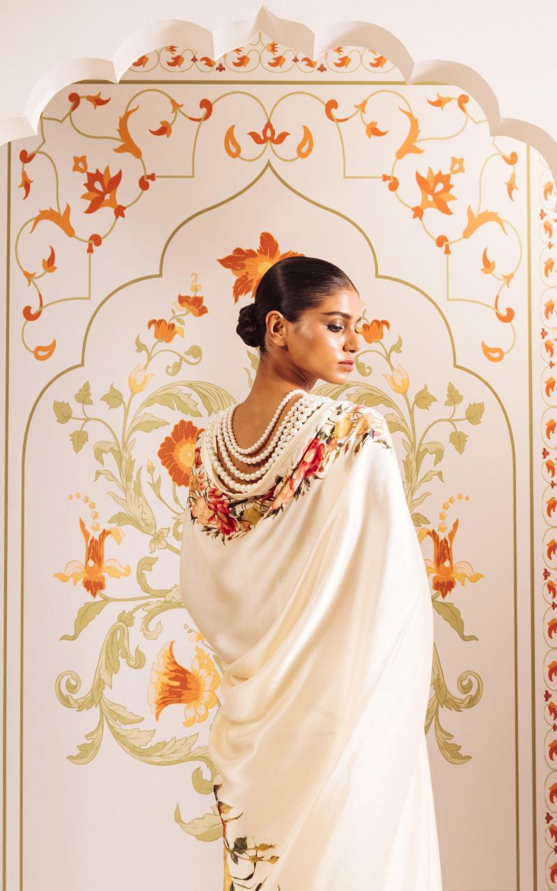 Ivory Bloom Floral Printed Satin Saree – Elegant Designer Wedding & Festive Wear Saree for Women