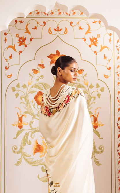 Ivory Bloom Floral Printed Satin Saree – Elegant Designer Wedding & Festive Wear Saree for Women
