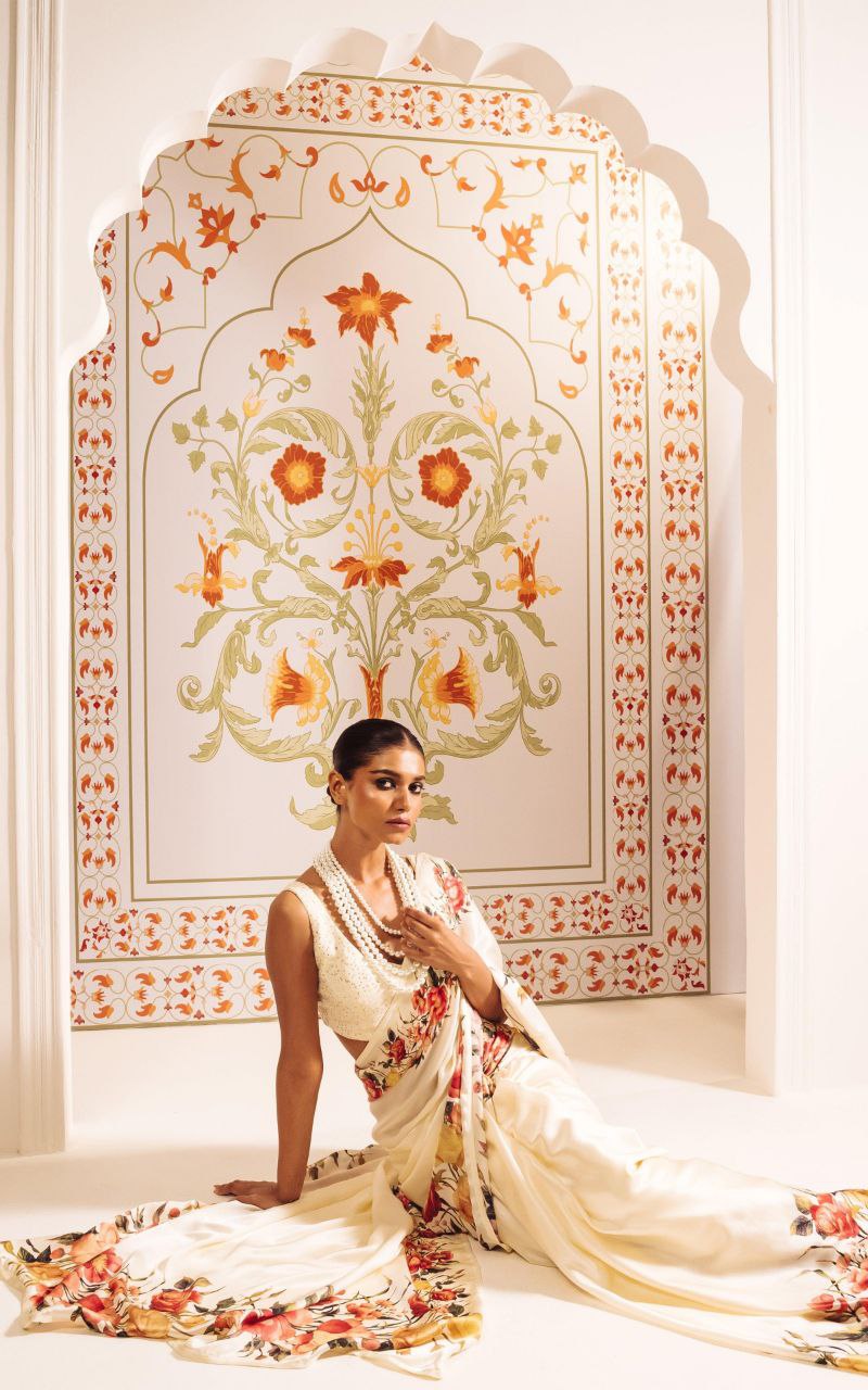Ivory Bloom Floral Printed Satin Saree – Elegant Designer Wedding & Festive Wear Saree for Women