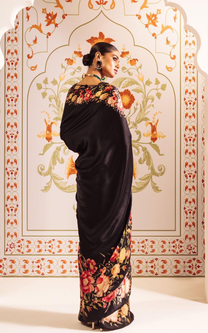 Midnight Bloom Black Satin Floral Printed Saree  Elegant Party Wear Designer Saree for Women